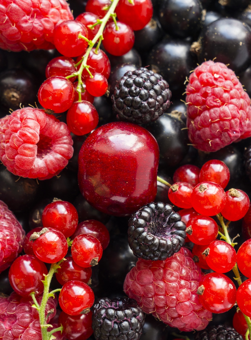 Ripe blackberries, blackcurrants, cherries, red currants and raspberries. Mix berries and fruits. Top view. Background berries and fruits. Various fresh summer fruits.